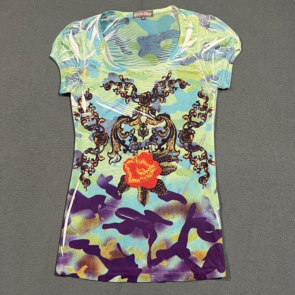 Y2K Ocean Blue Women's Camo Rose Rhinestone Graphic Swimwear Top Cover Medium